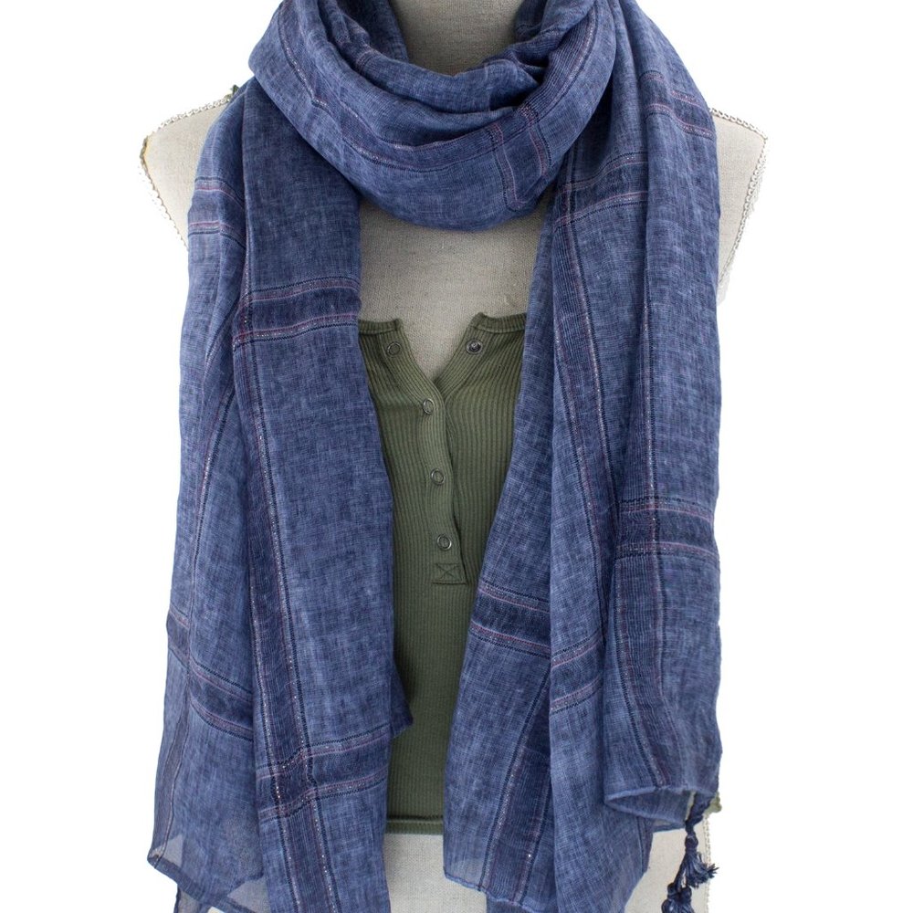 Navy Garment Dye Striped Cotton Wrap Scarf with Tassels